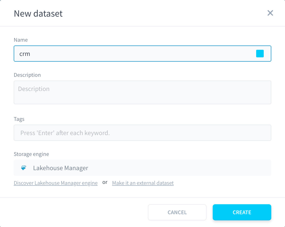 The New dataset window with the name crm and the Lakehouse Manager storage engine