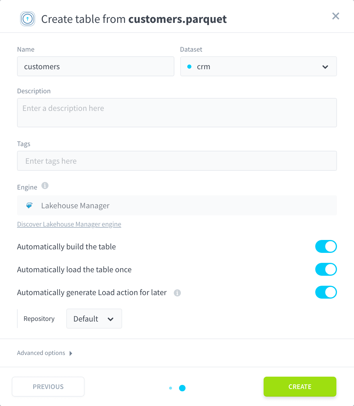 The second Create table step: table customers in crm, three automatic options turned on