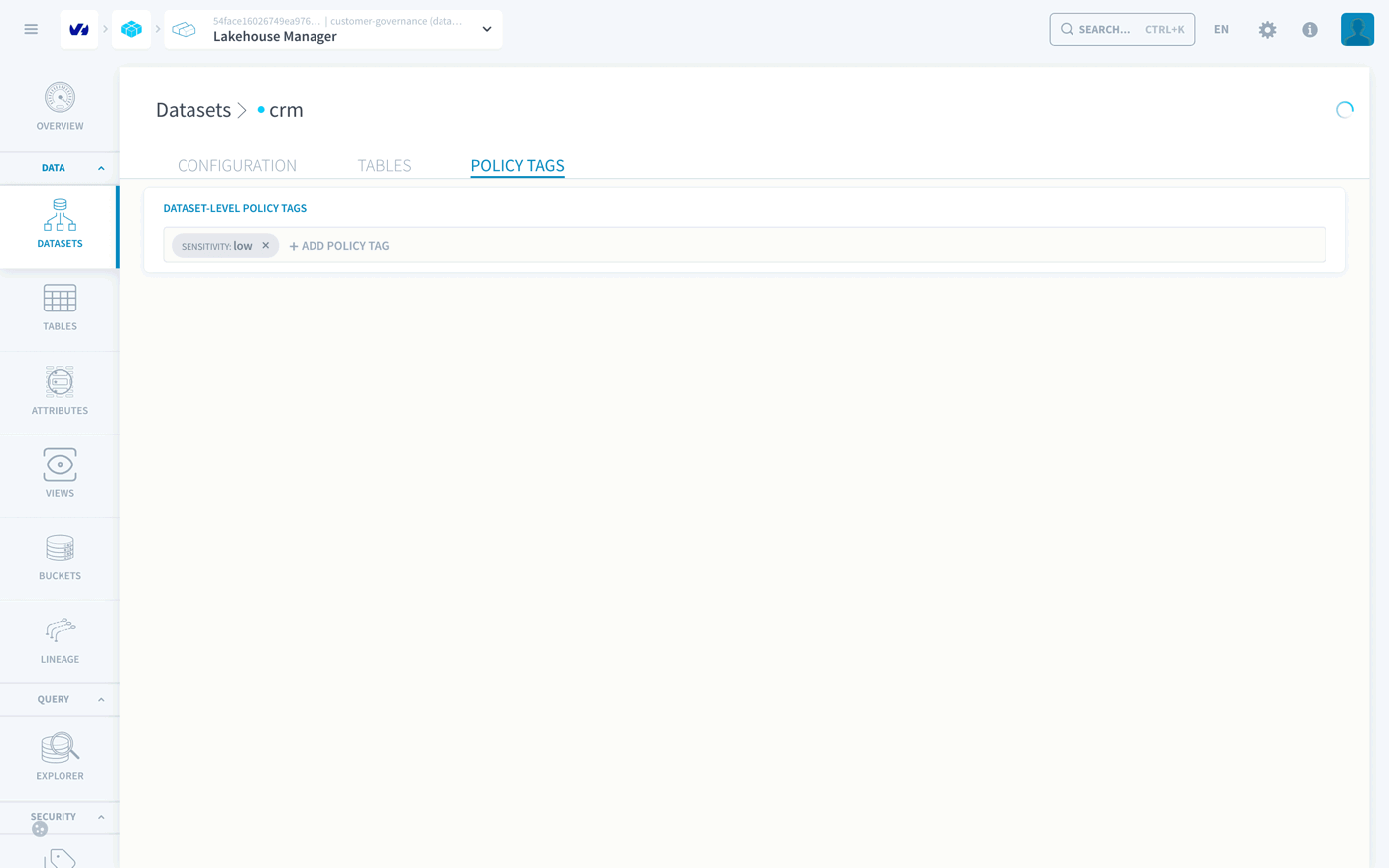 The Policy Tags tab of the dataset crm with the tag sensitivity: low