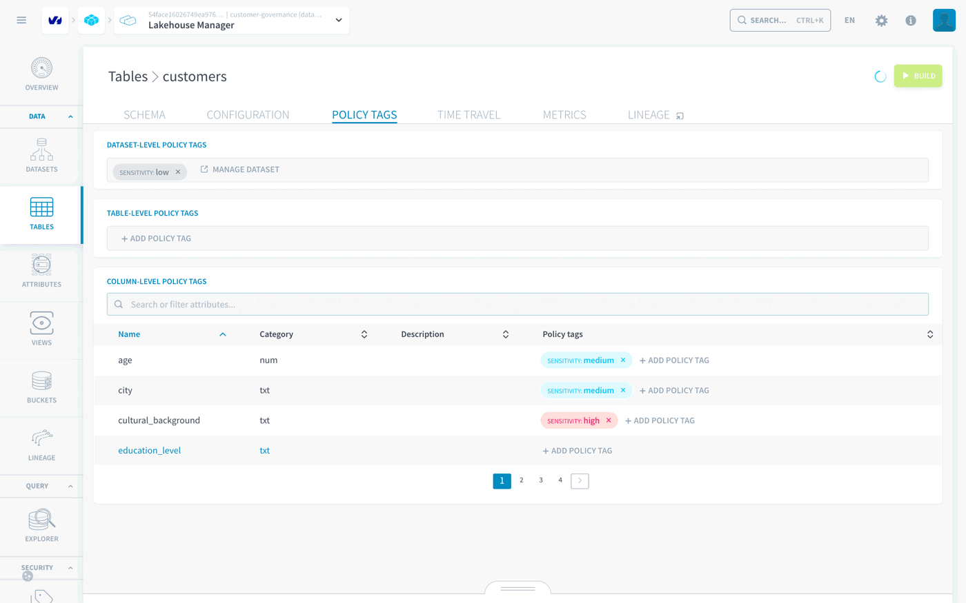 Policy Tags tab of the table customers: inherited dataset tag, medium and high column tags