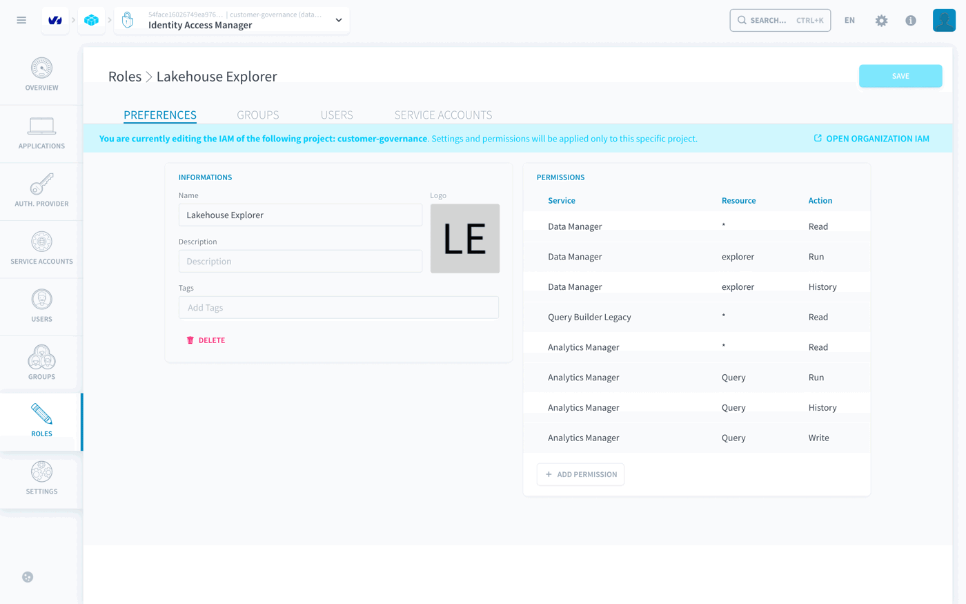 The role Lakehouse Explorer with eight Data Manager, Query Builder Legacy and Analytics Manager permissions