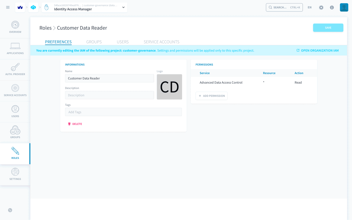 The role Customer Data Reader: one Advanced Data Access Control permission, resource *, action Read