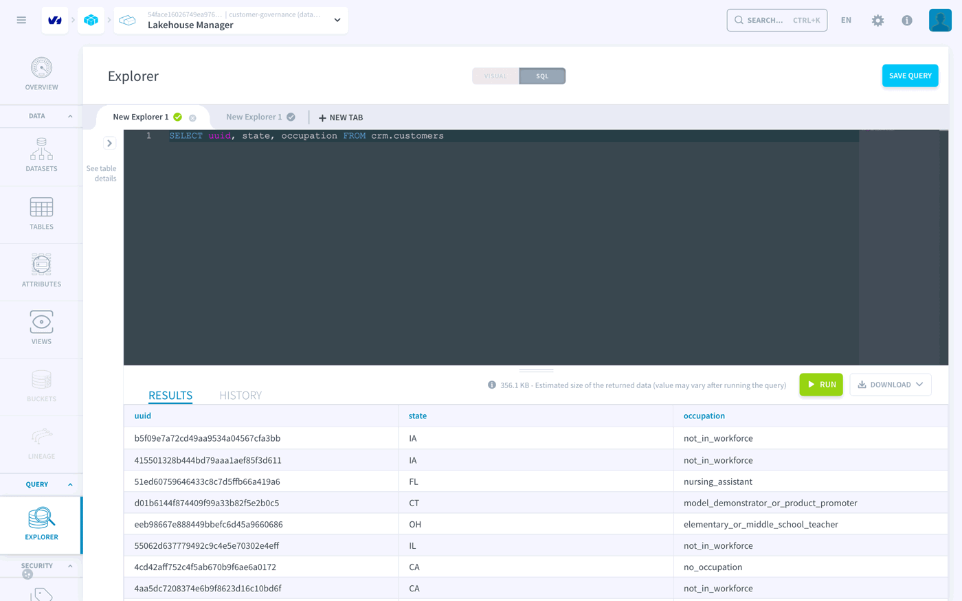The Explorer returning uuid, state and occupation to the Analyst