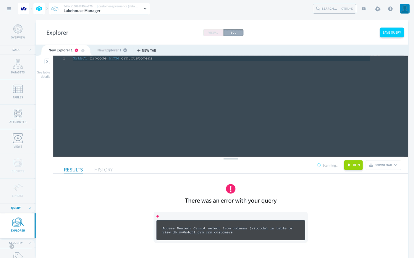 The Explorer returning Access Denied: Cannot select from columns [zipcode] to the Analyst