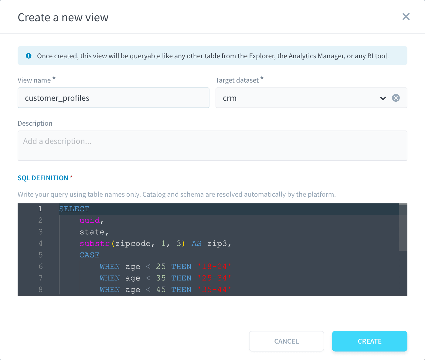 The Create a new view window: name customer_profiles, target dataset crm, SQL definition
