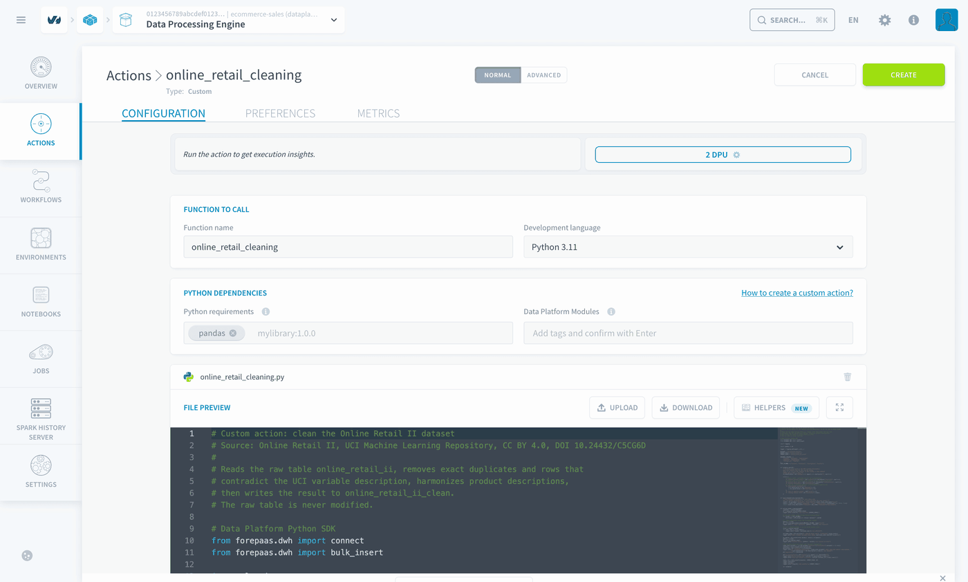 The Custom action online_retail_cleaning with its function name, language, requirements and uploaded file