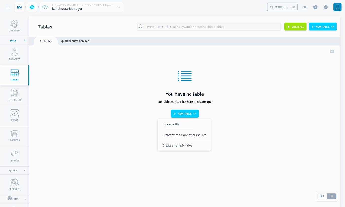 The New table menu in Lakehouse Manager with the Create from a Connectors source option