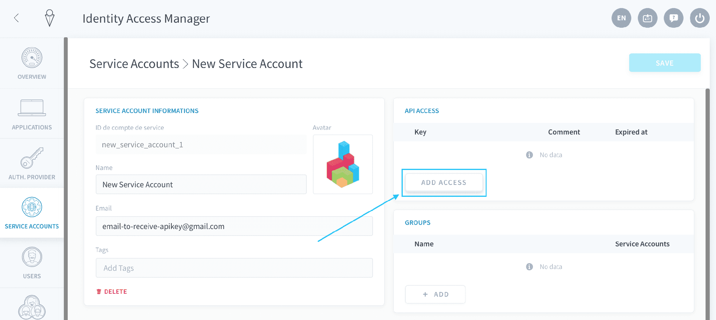 For a service account — Sa api key