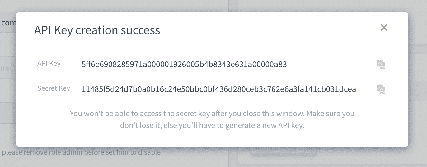 For a user — Users api key confirmation