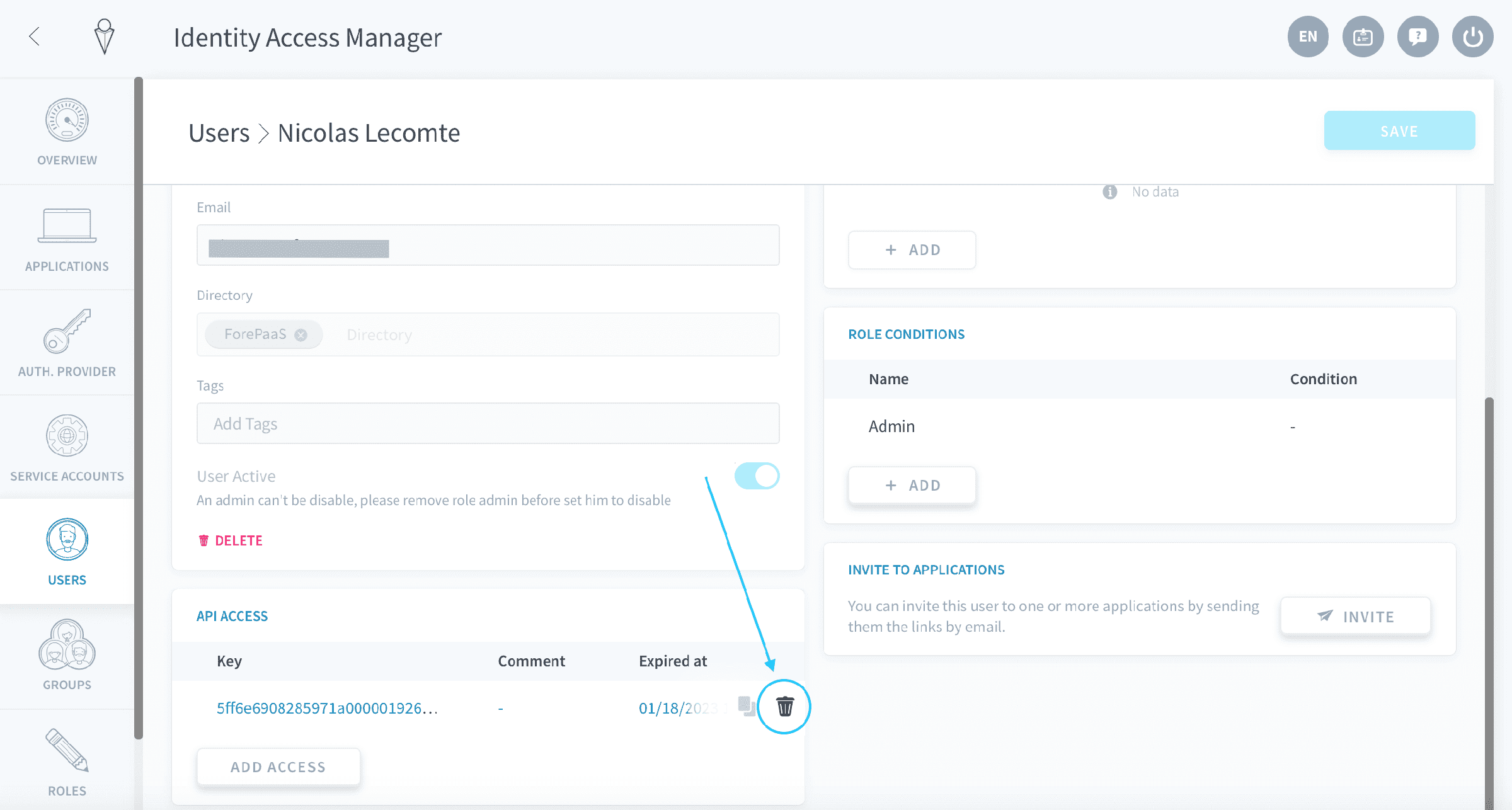 For a user — Users api key deleting