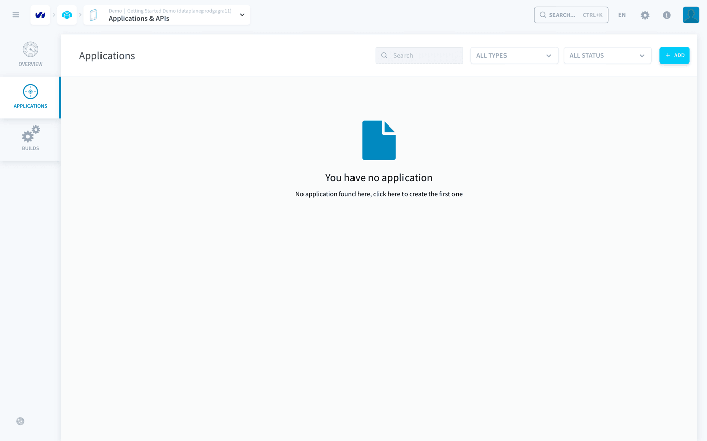 The empty Applications list of the Project, with the Add button at the top right