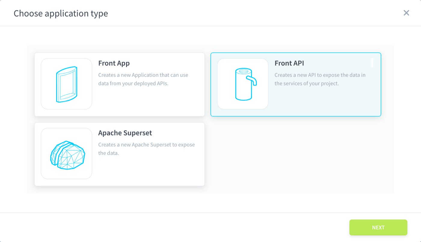 The Choose application type dialog with Front API selected