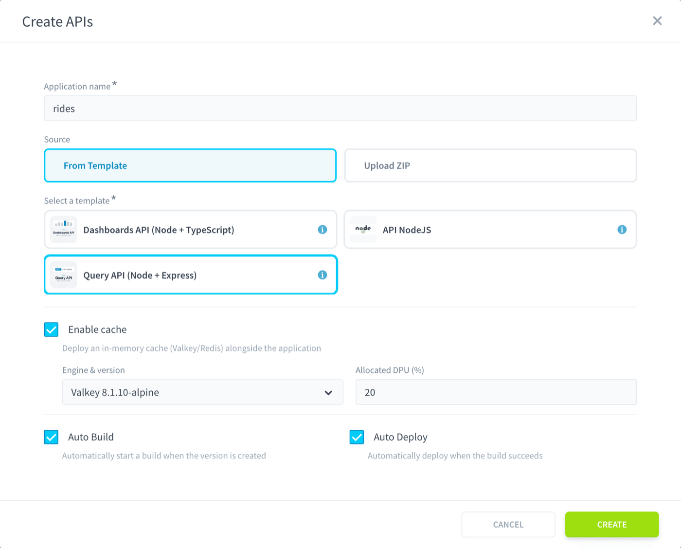 The Create APIs form with rides, the Query API template and three options ticked