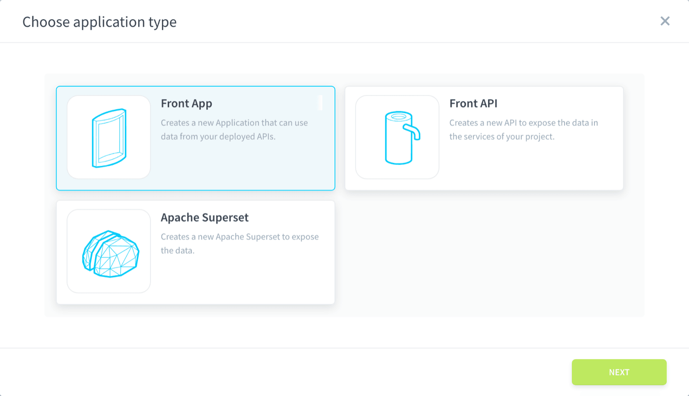 The Choose application type dialog with Front App selected