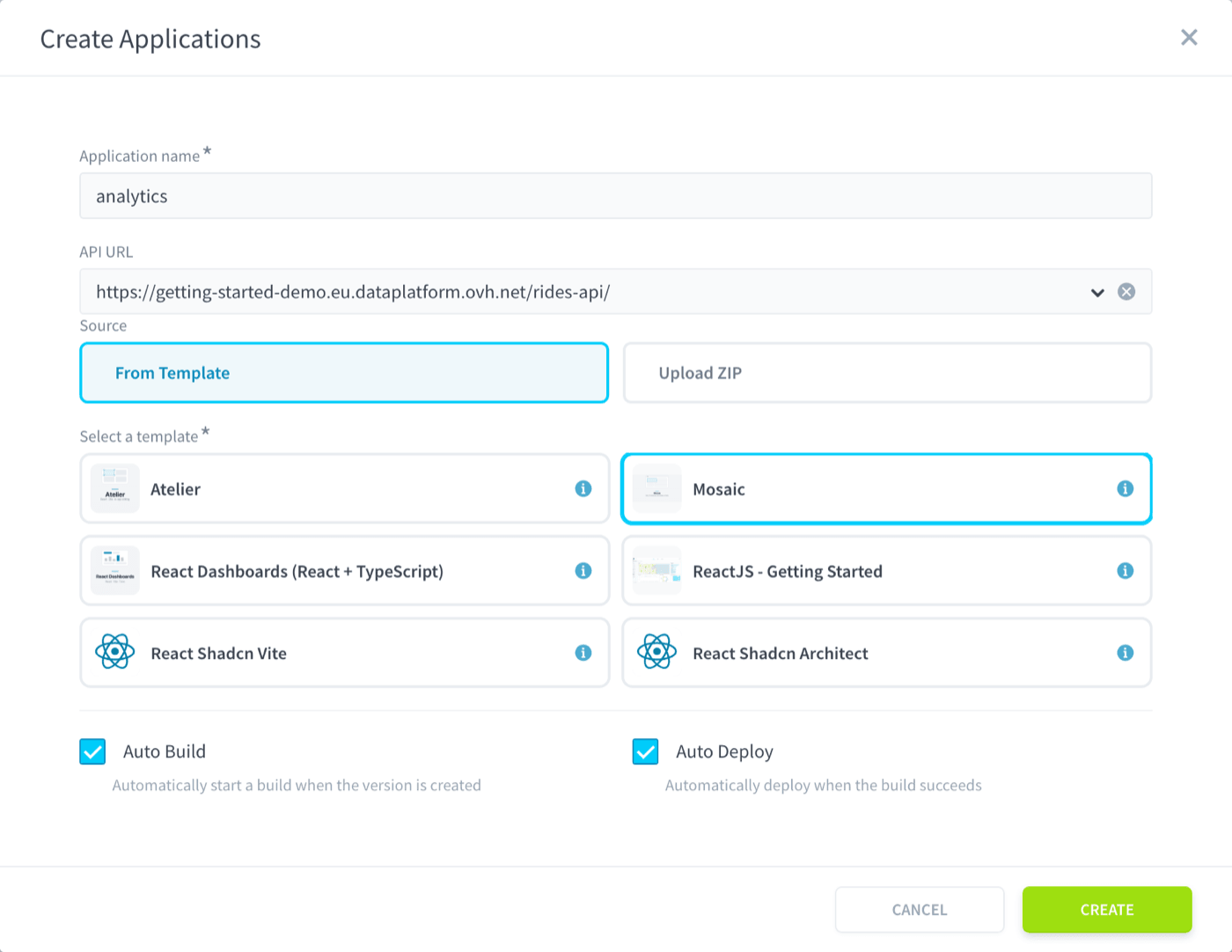 The Create Applications form with analytics, the rides API URL, the Mosaic template and both options ticked