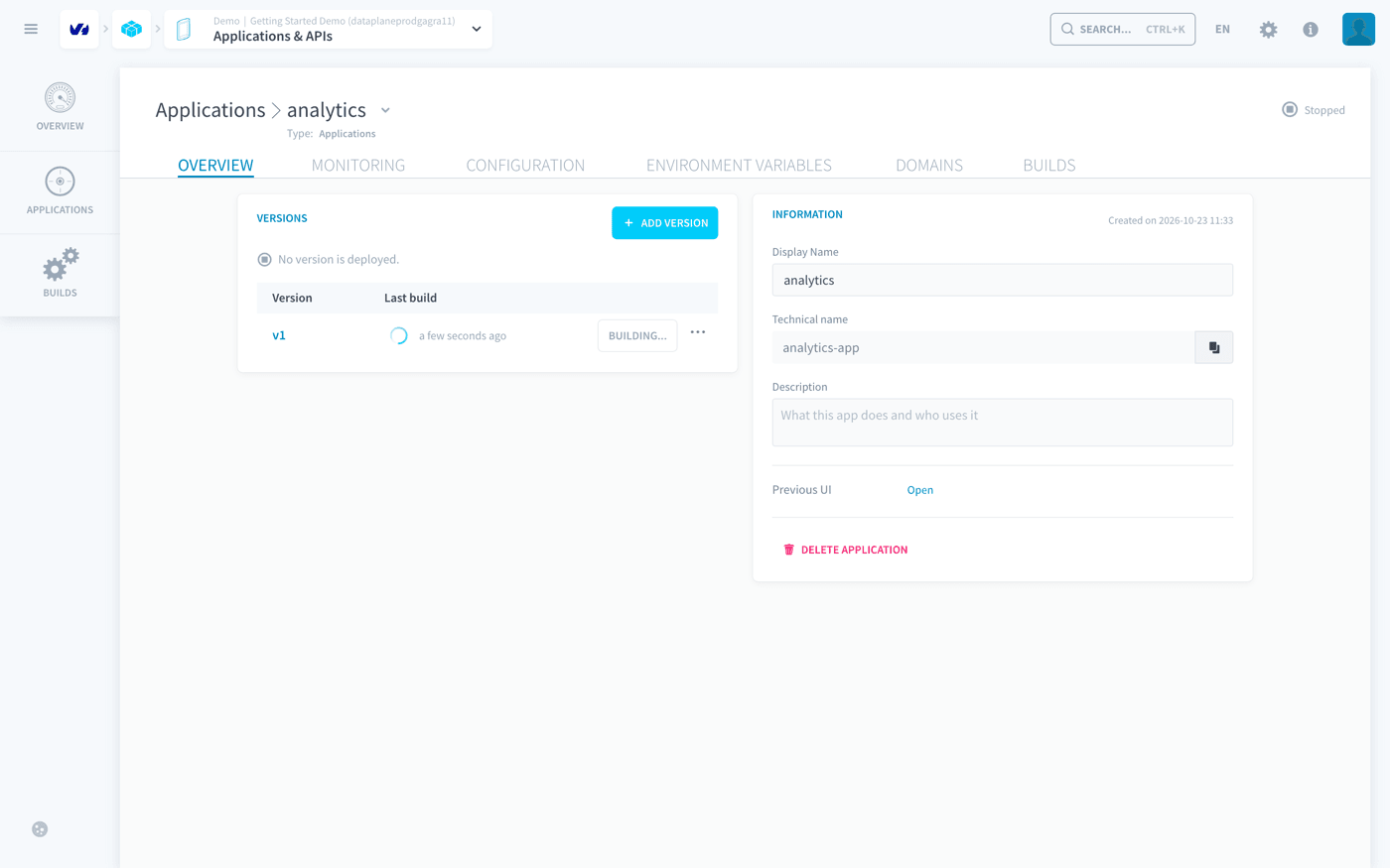 The overview of the analytics application while version v1 builds