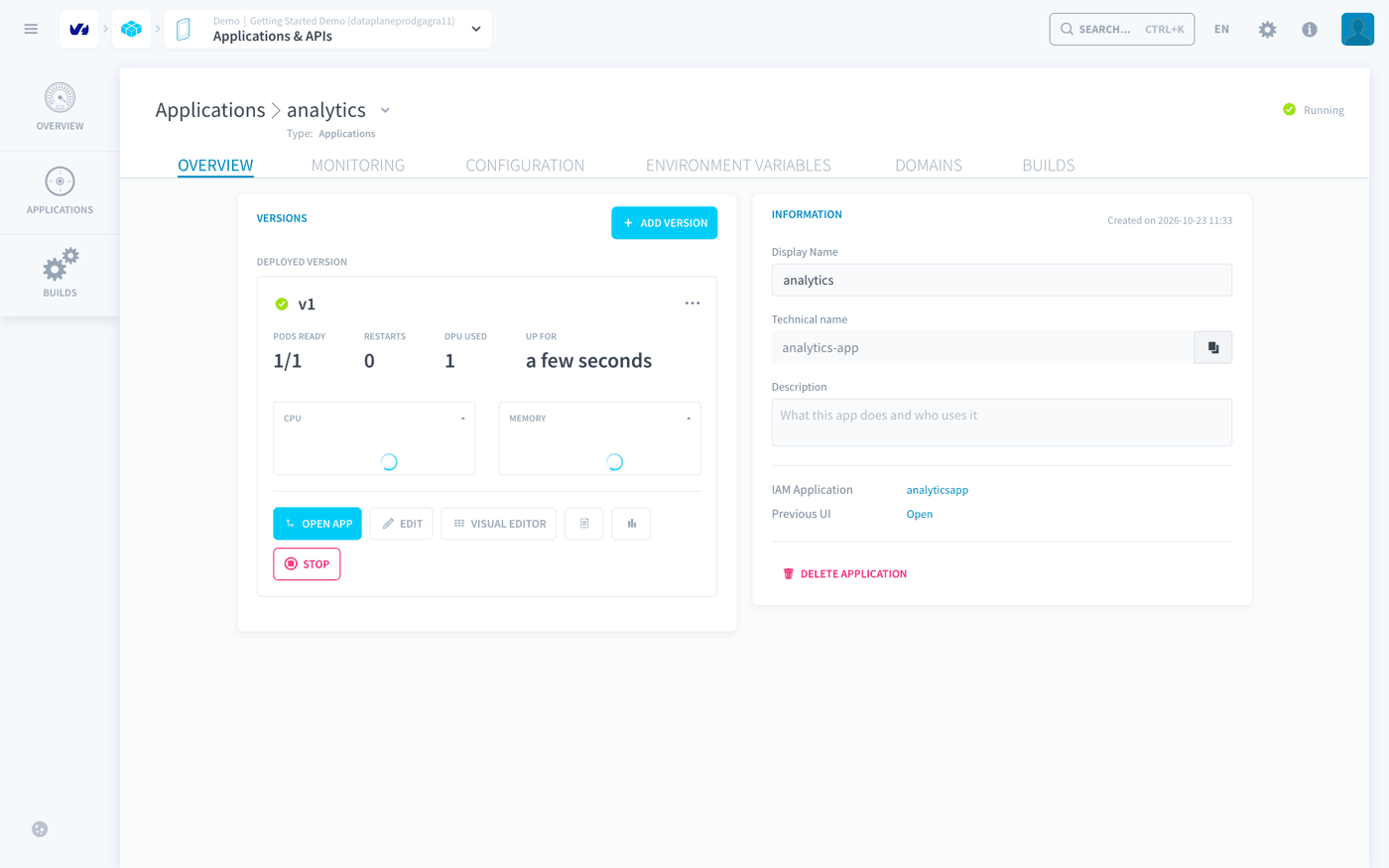 The overview of the analytics application, with v1 running in the Deployed version card and its Visual Editor button