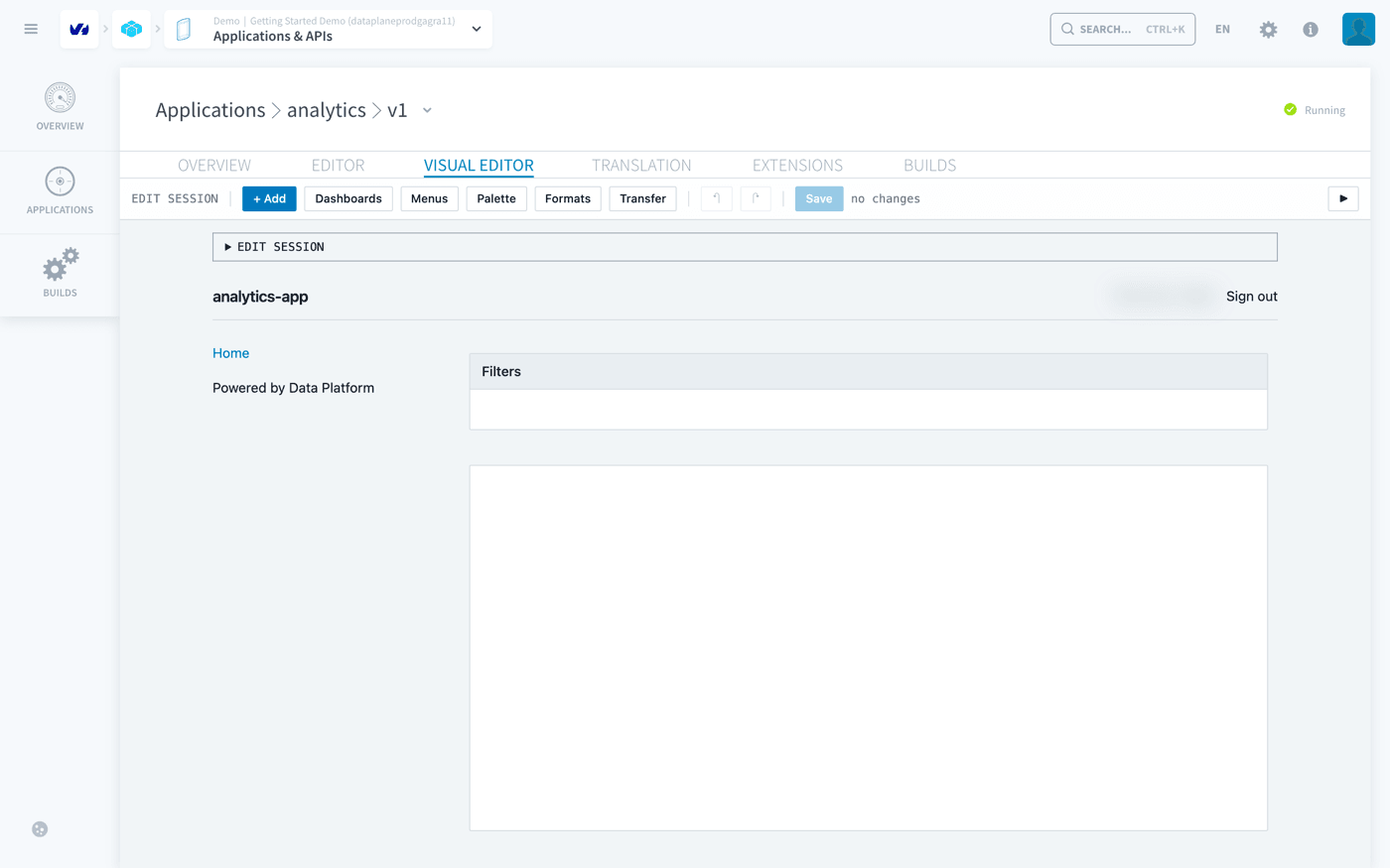 The analytics application in the Visual Editor tab, with the editing toolbar at the top