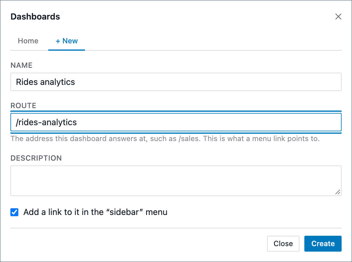 The Dashboards dialog with the new Rides analytics page filled in