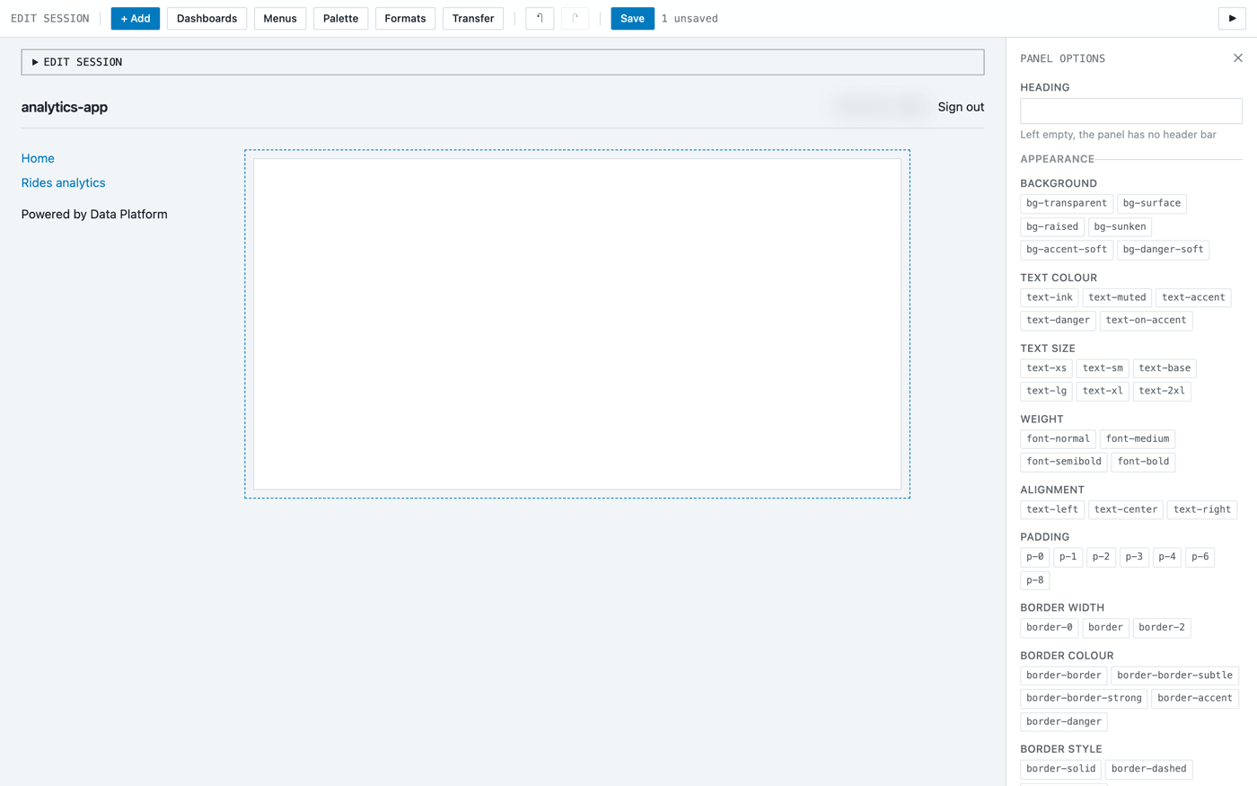 An empty panel added to the page, with its options open on the right