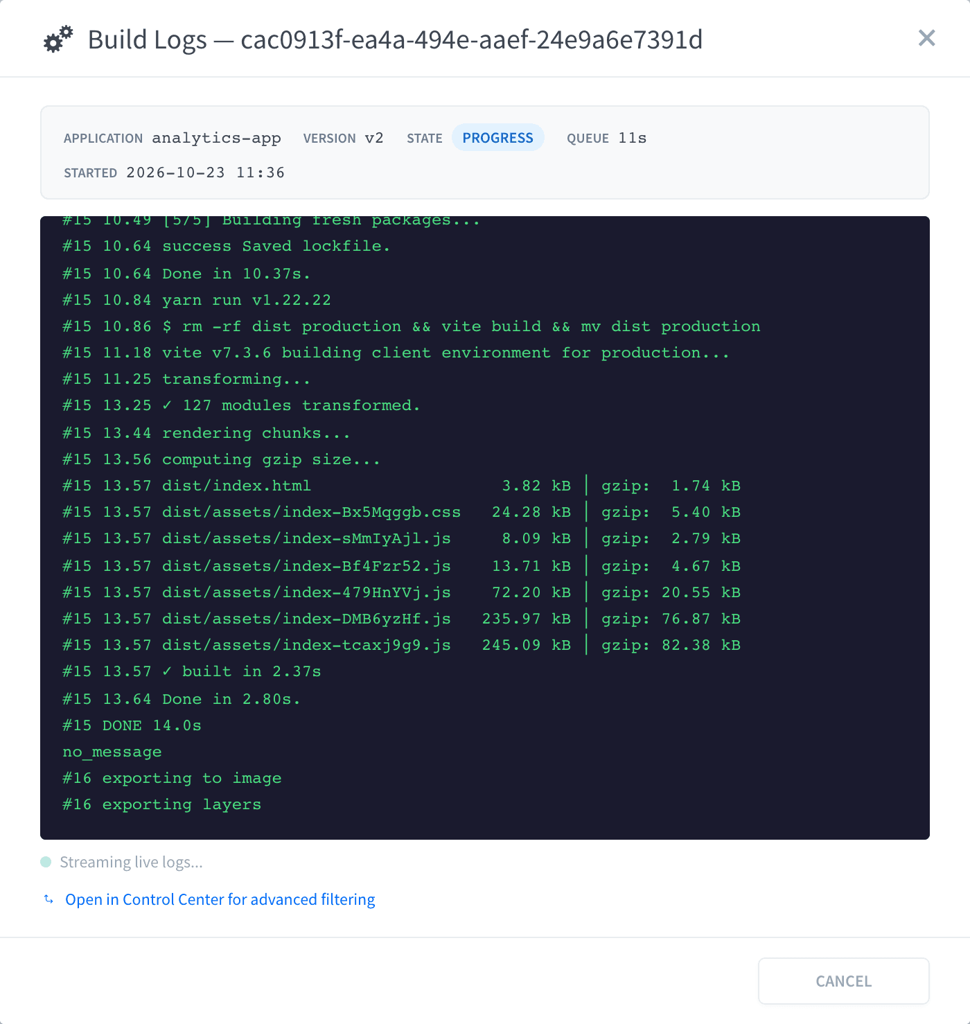 The Build Logs dialog of version v2, streaming the build steps