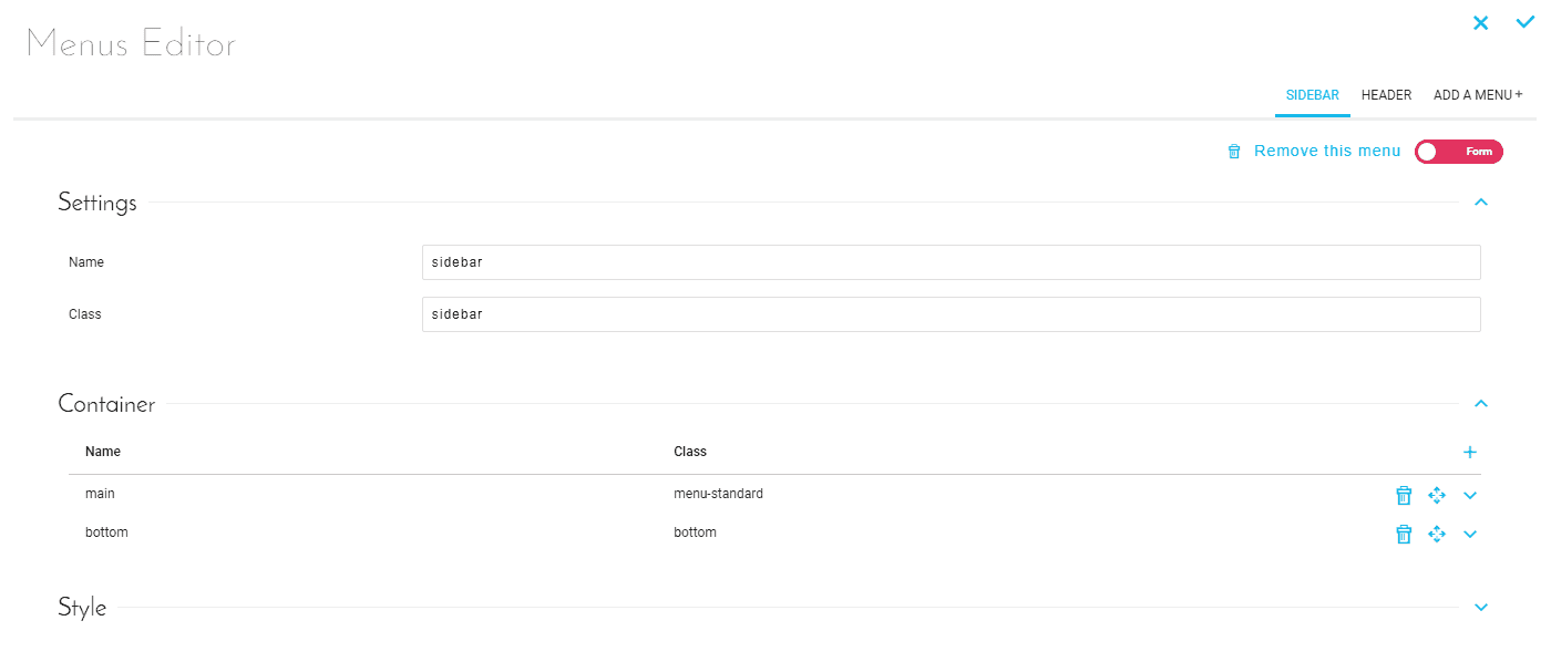 Interface — Menu editor