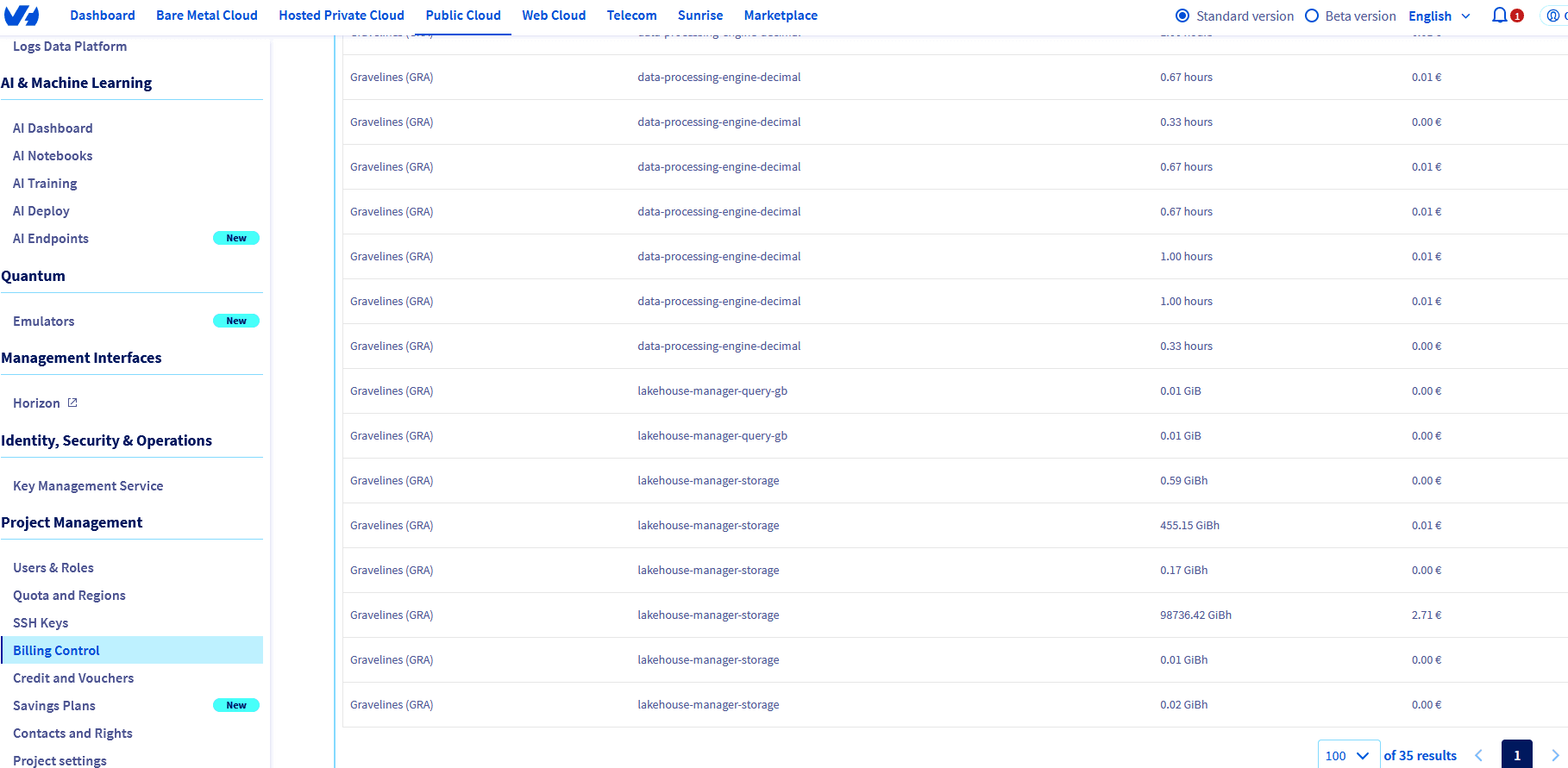 Screenshot of Billing Information in Control Center