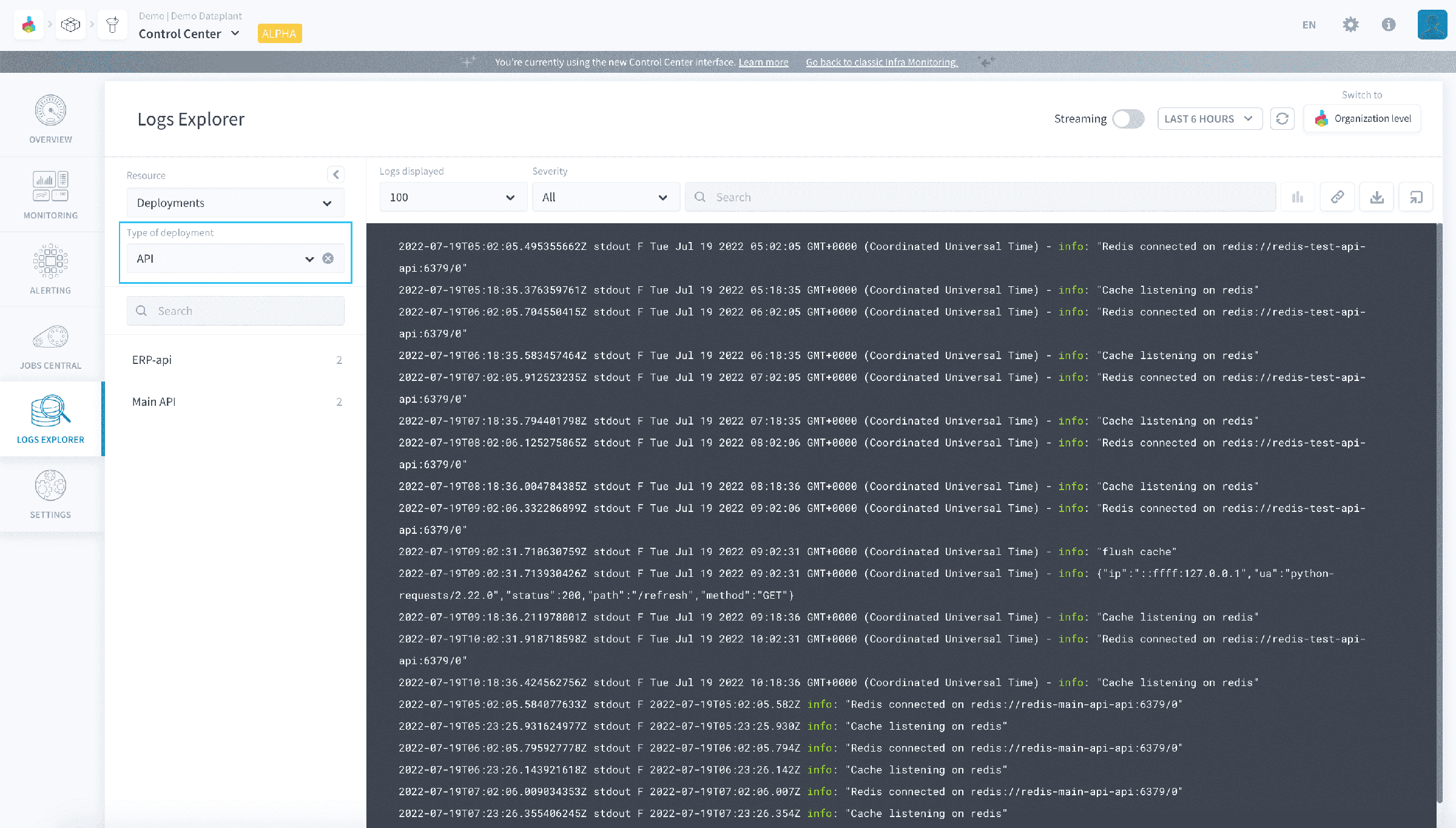 Get logs of deployments — Control Center deployments type