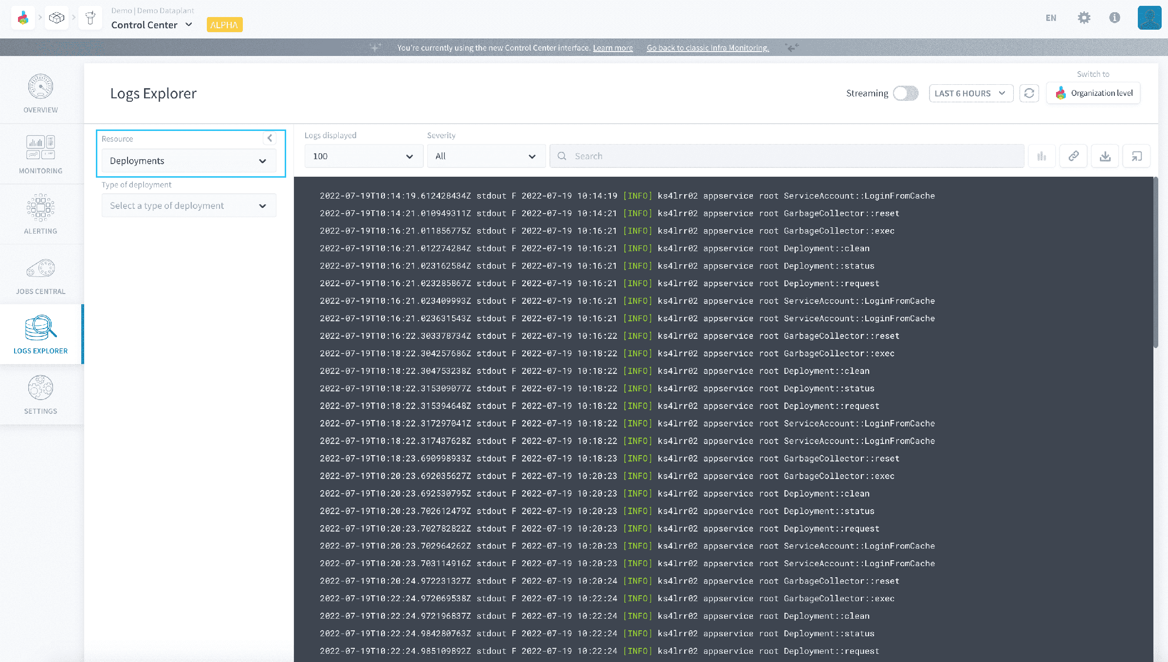 Get logs of deployments — Control Center right deployments