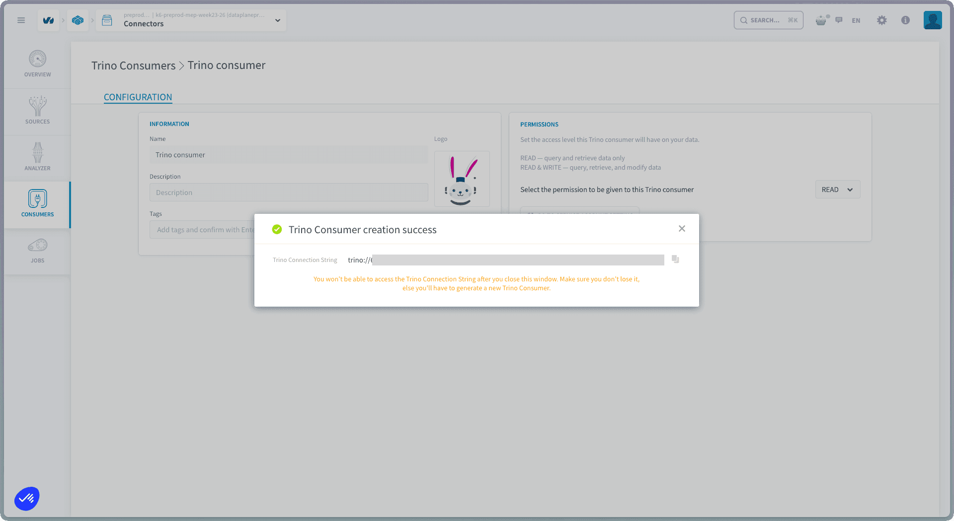 Create a Trino consumer — Trino consumer connection string