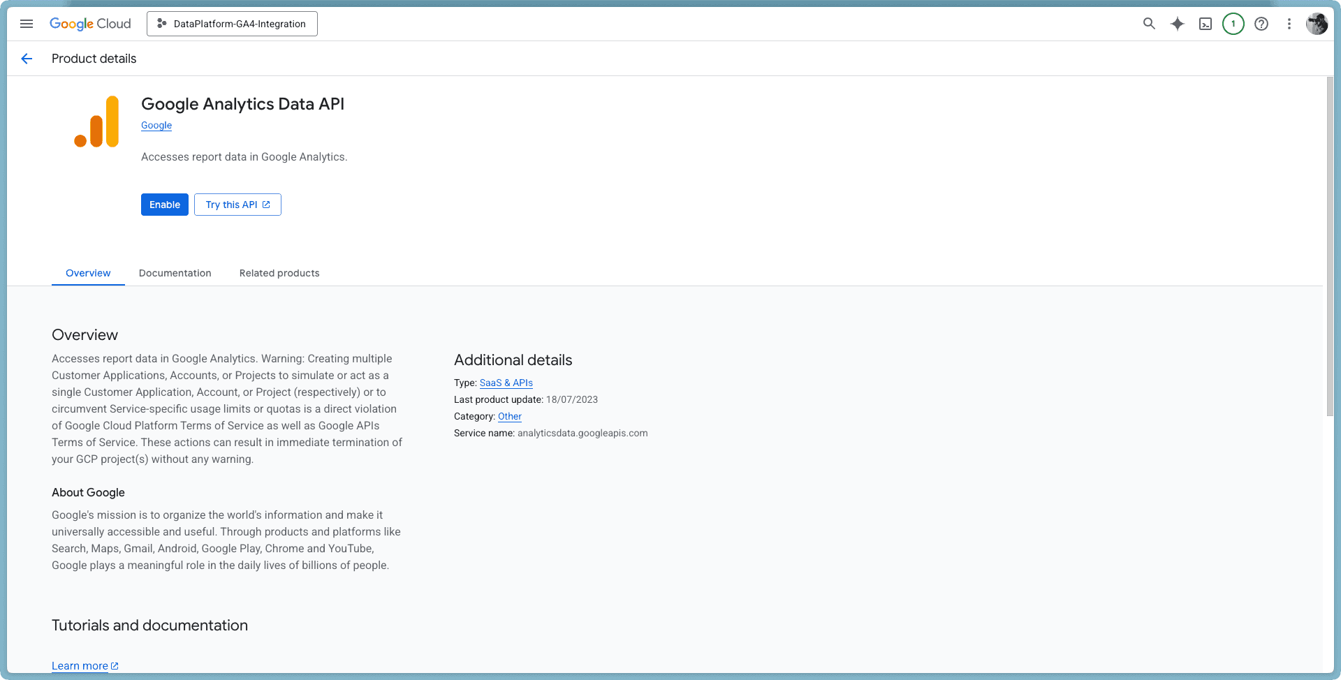 2.2 Enable Google Analytics Data API — Google analytics data api
