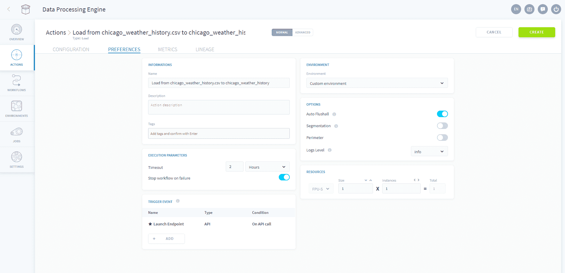 Configure the action's preferences — Load settings