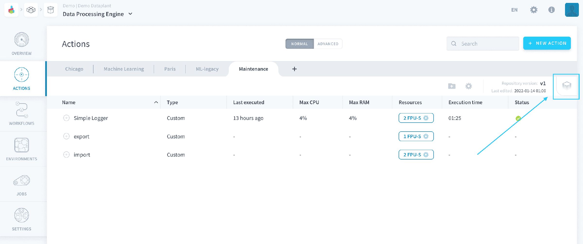 Versioning repositories of actions — Versioning panel