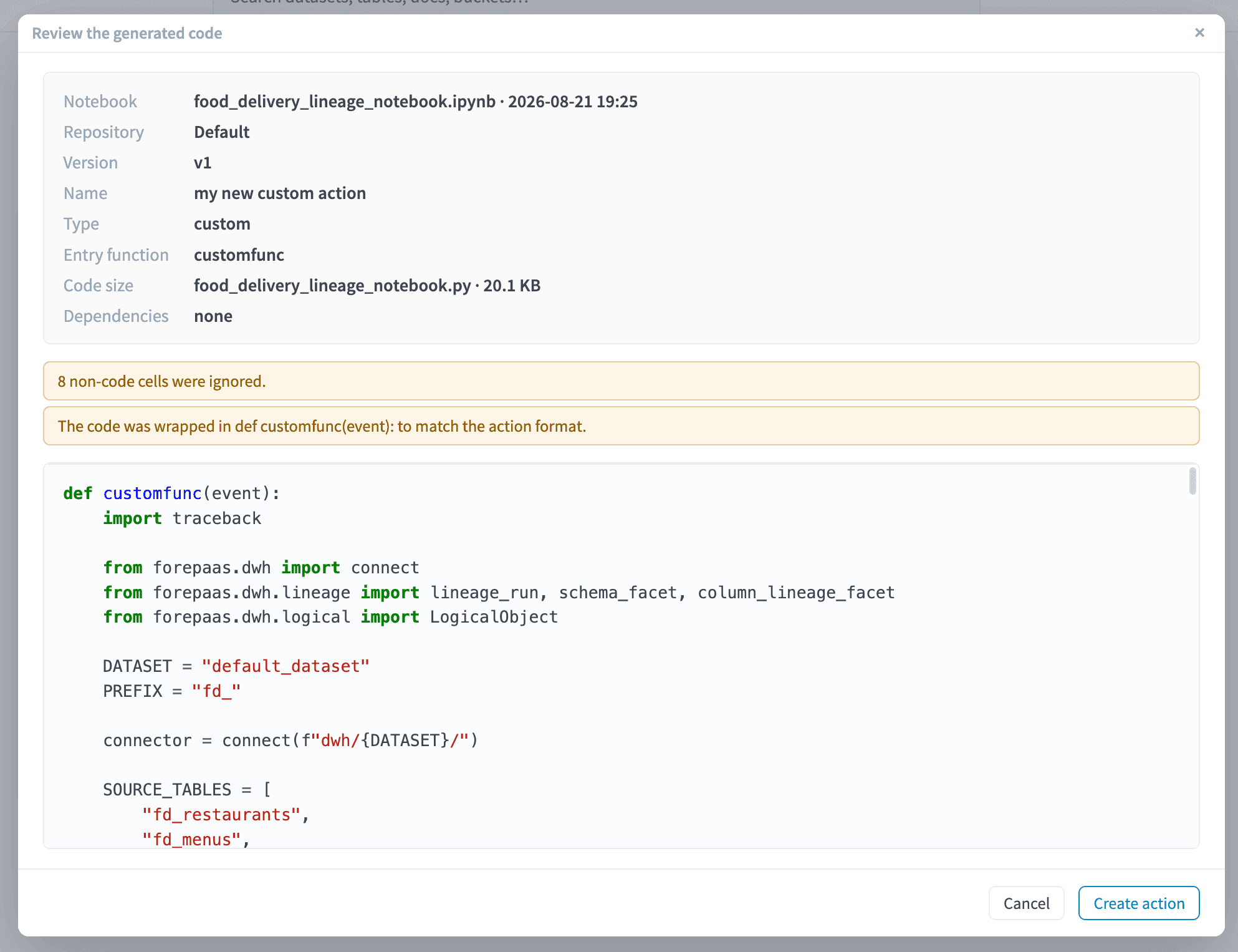 Export a notebook as a custom action — Dpx export preview