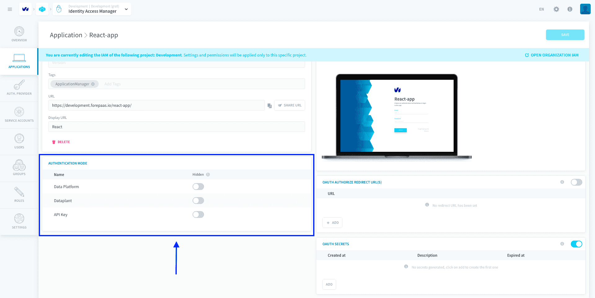 Display an authentication provider on an application login page — Authentication mode21