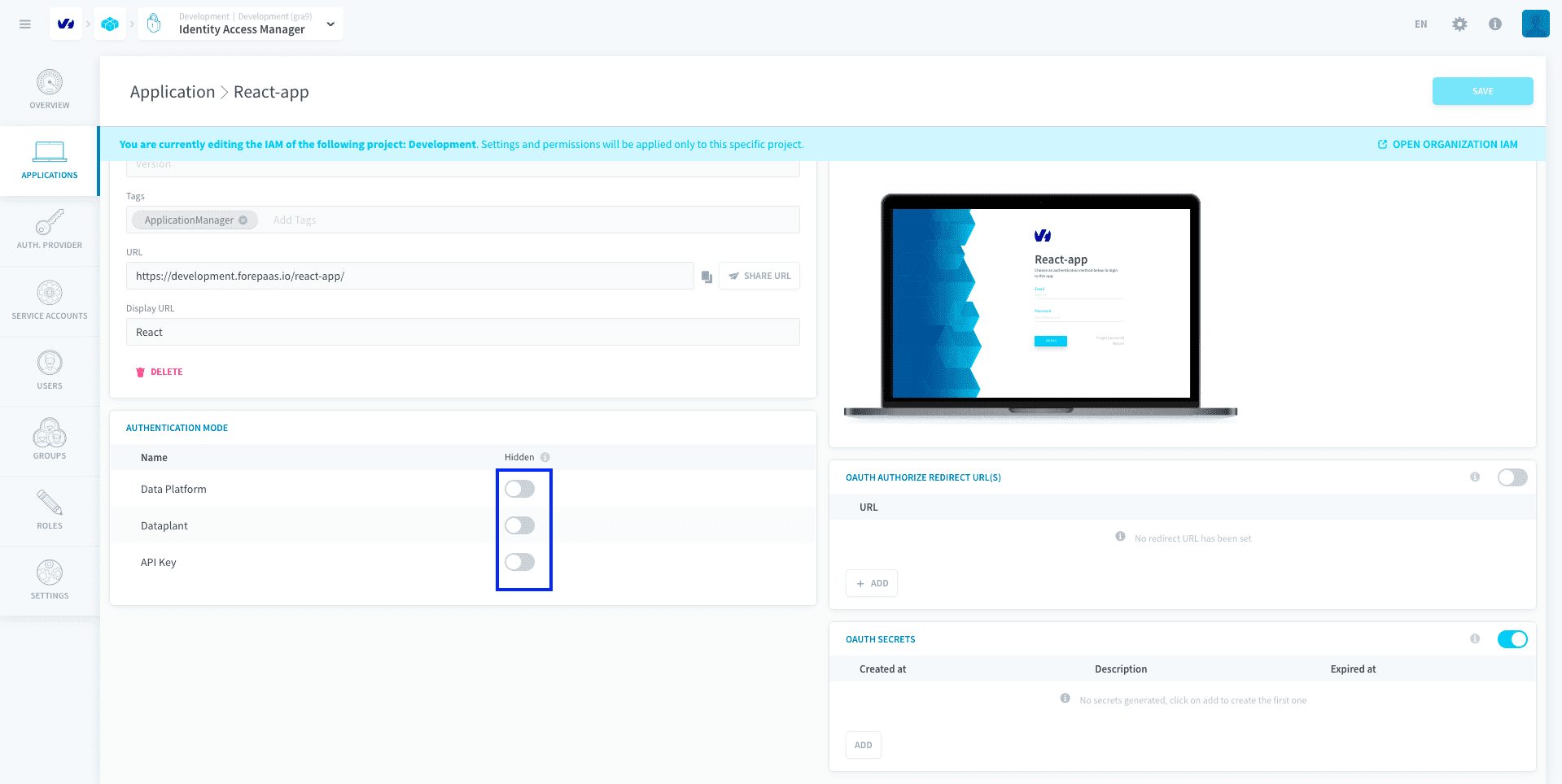 Display an authentication provider on an application login page — Authentication mode22