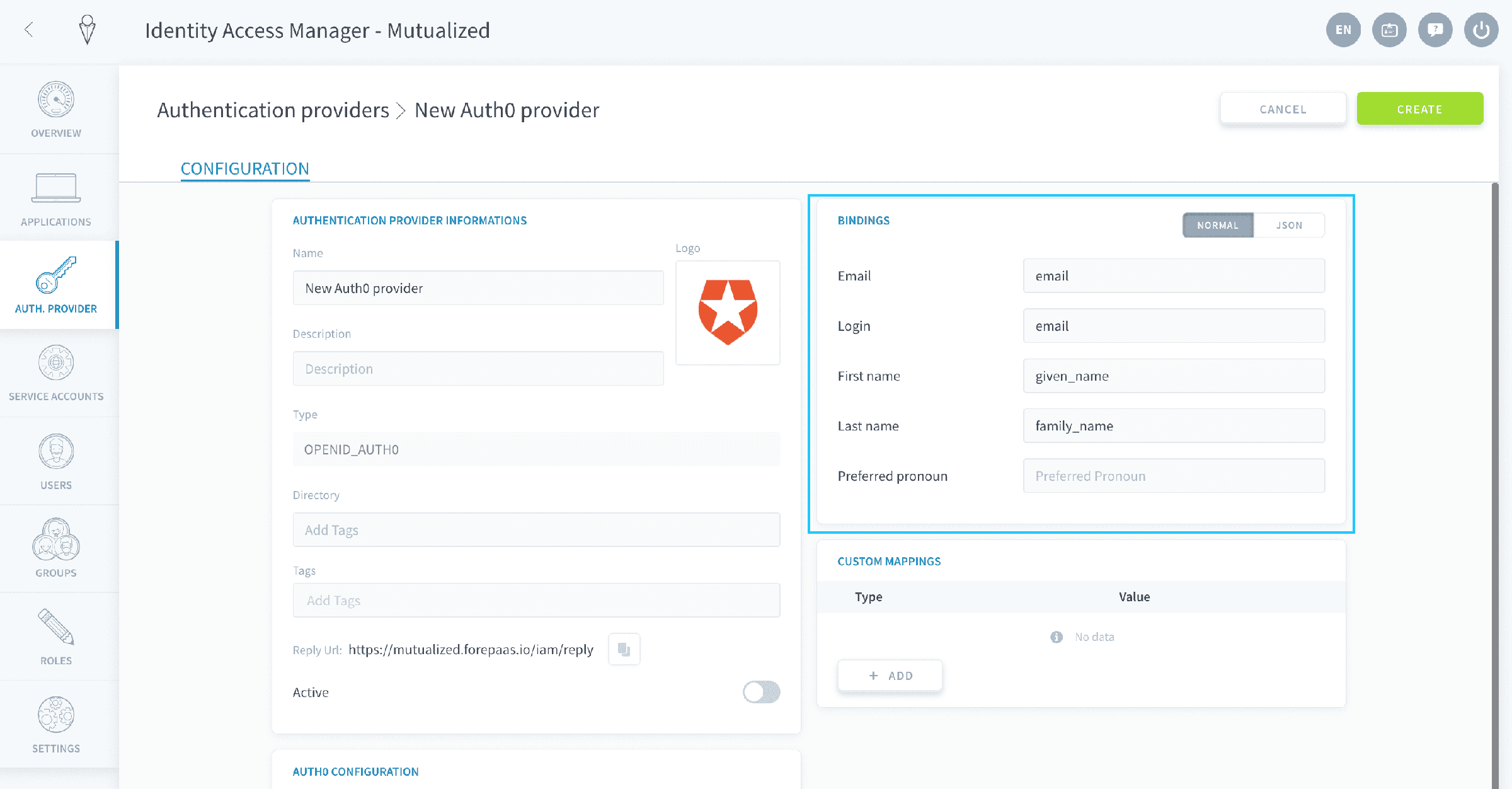 Fill in the bindings rules — Auth0 bindings