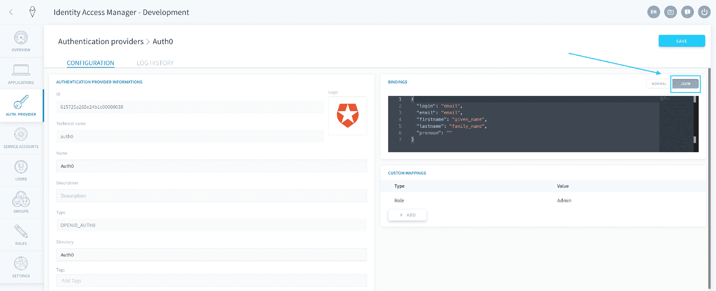 Fill in the bindings rules — Auth0 bindings2