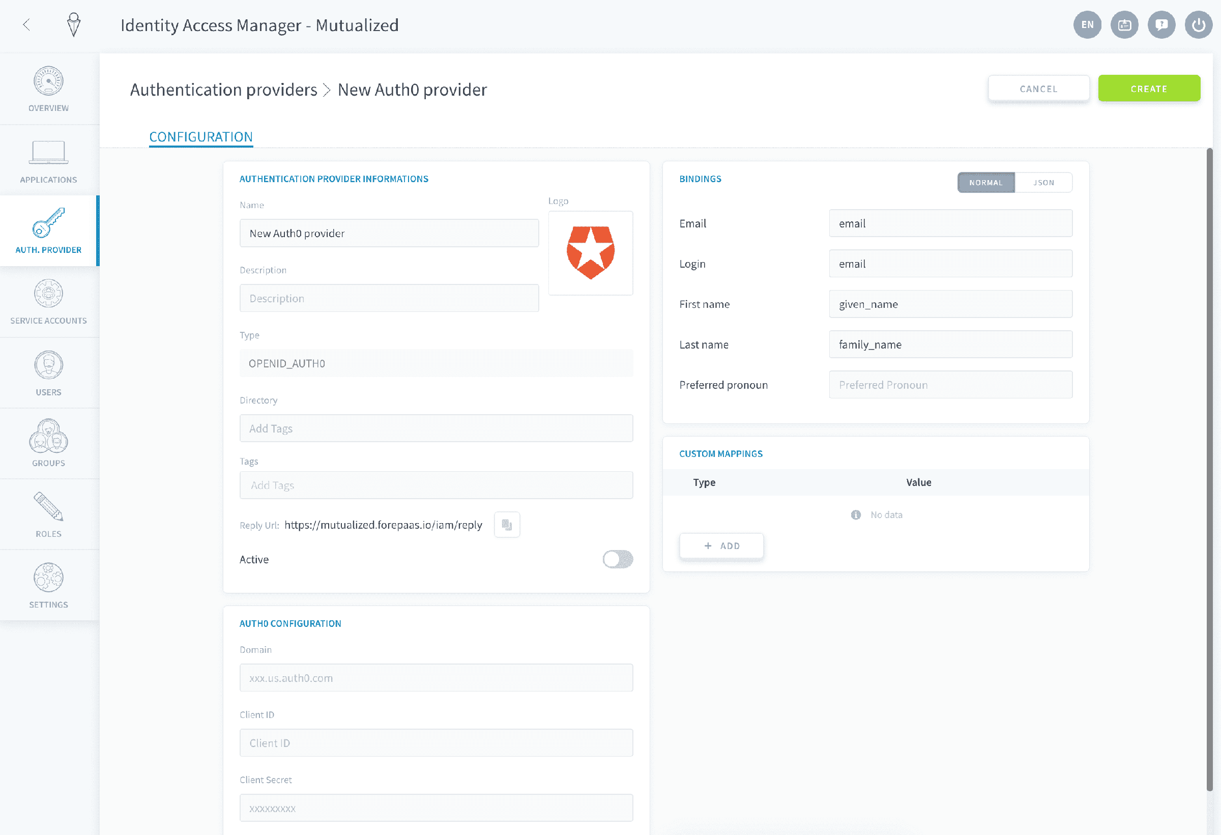 Configuration on the Platform Identity Access Manager — Auth0 Identity Access Manager