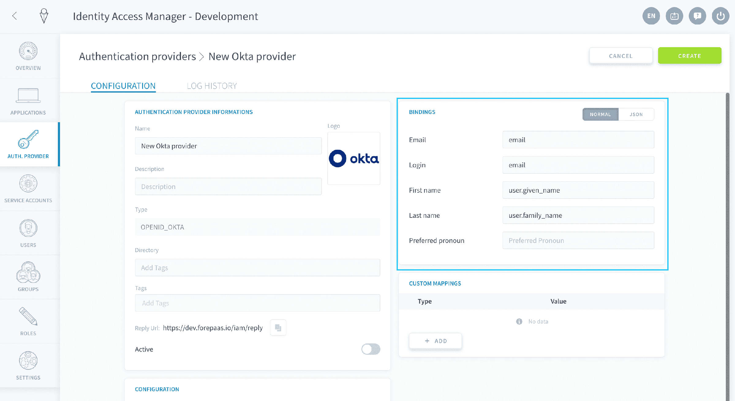 Fill in the bindings rules — Okta bindings