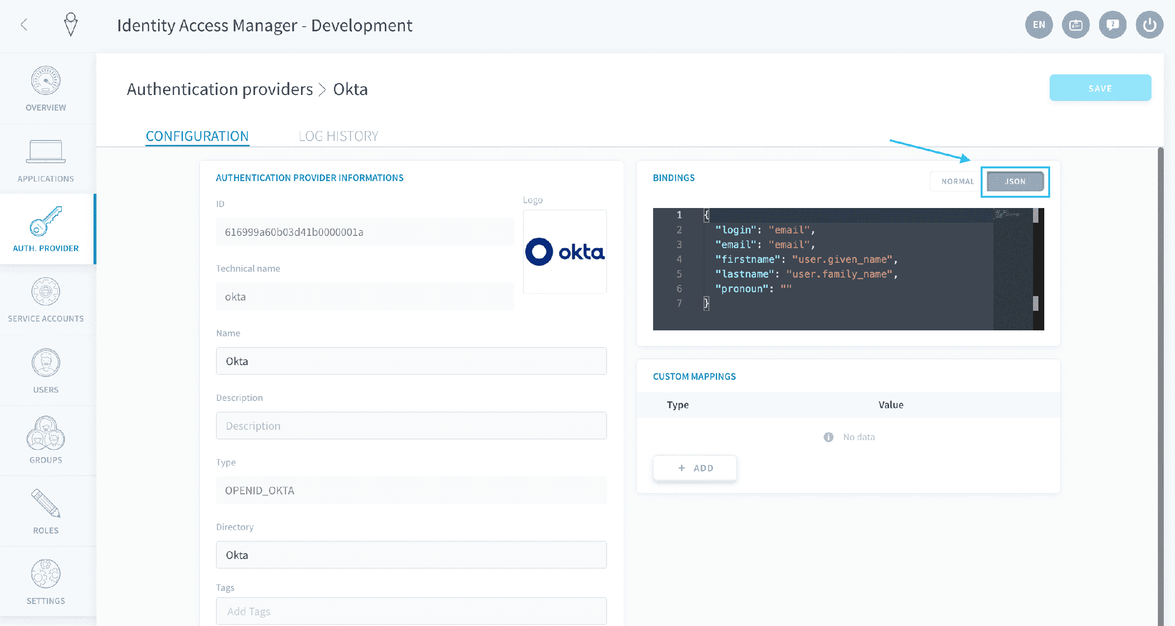Fill in the bindings rules — Okta bindings2