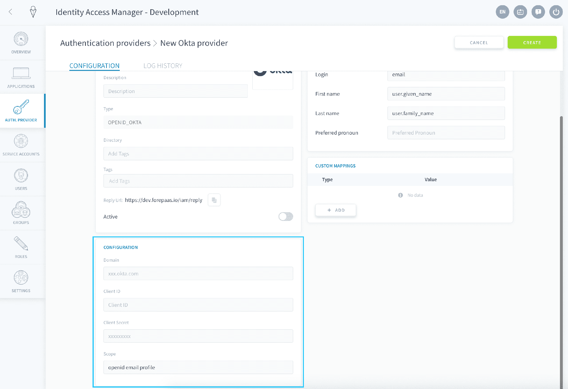 Fill in Okta configuration — Okta config2