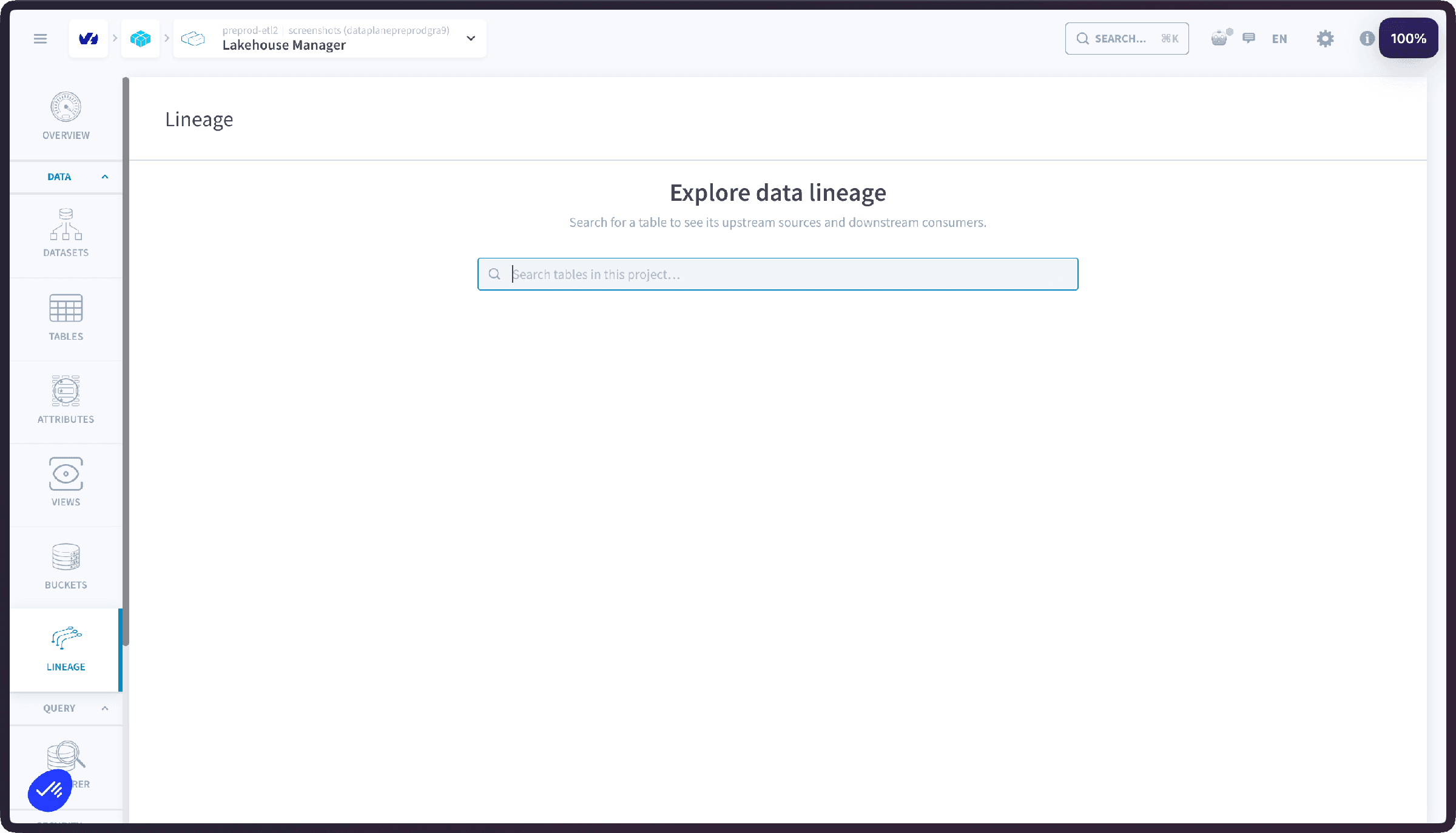 Open the lineage view — Lineage search