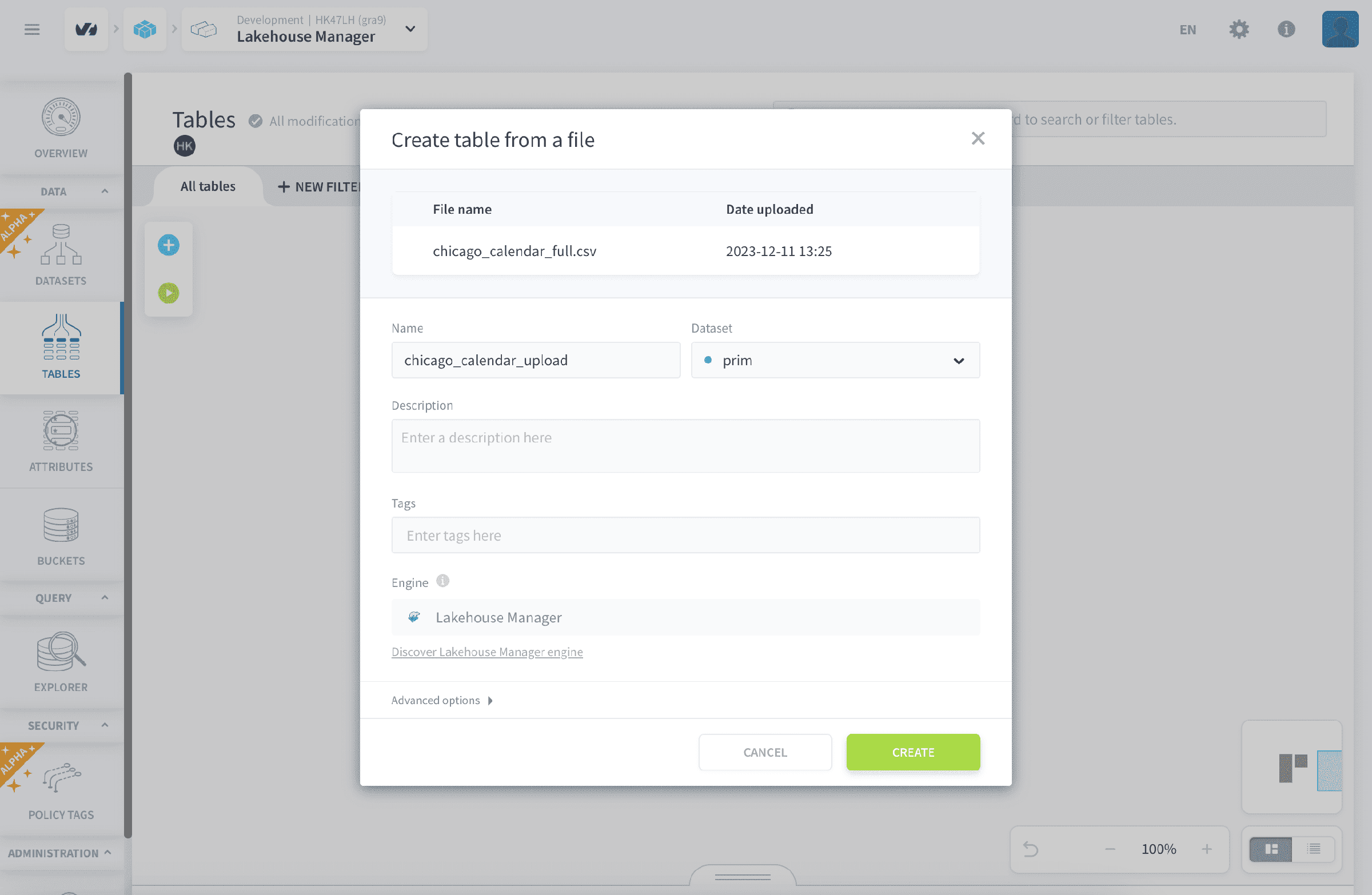 Create table