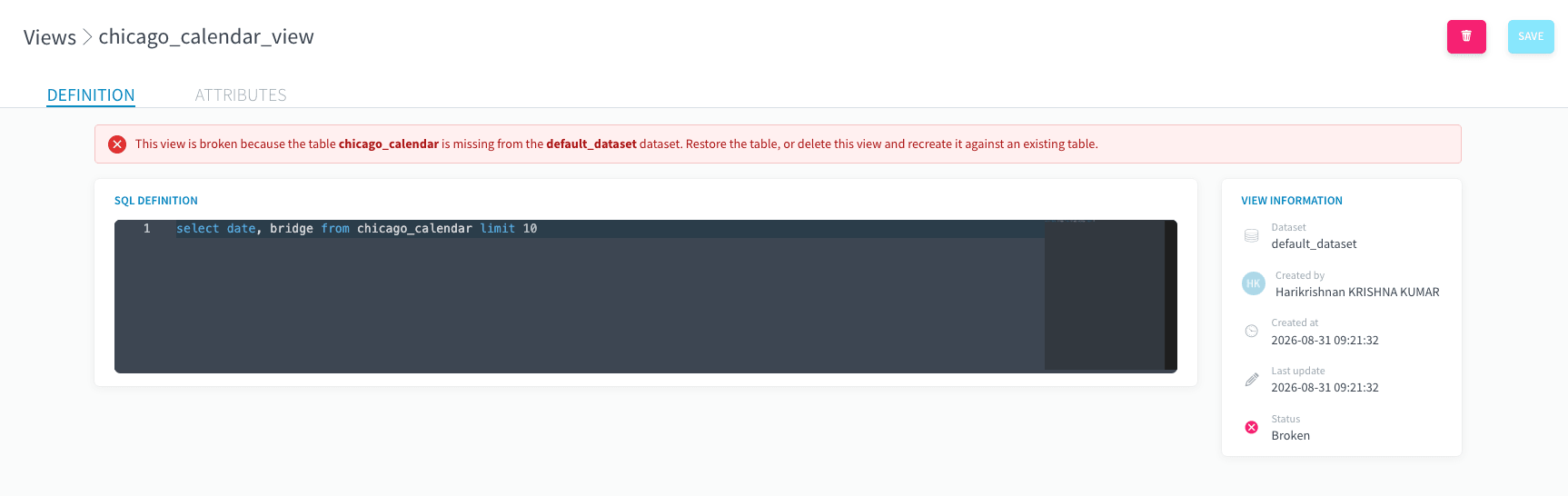 View status: Valid and Broken — Views broken