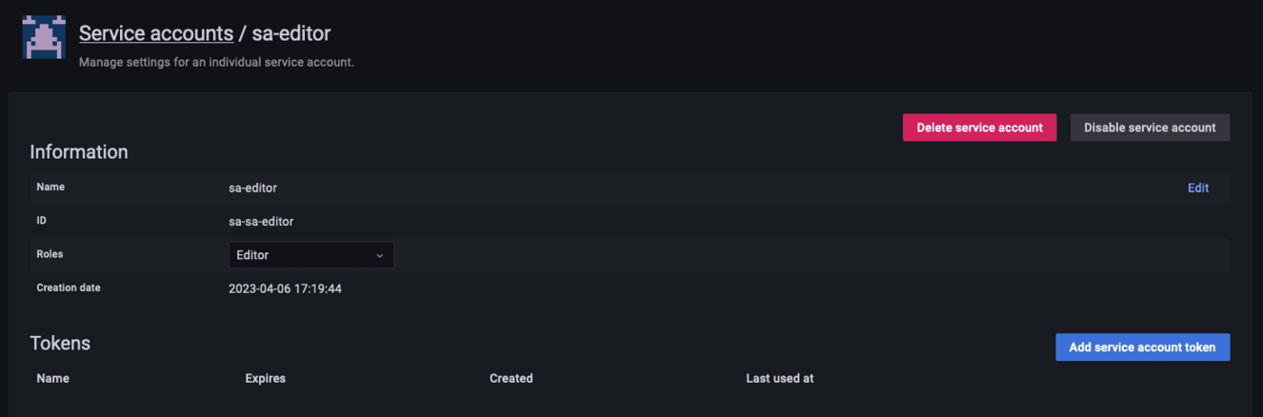 Grafana service accounts token button