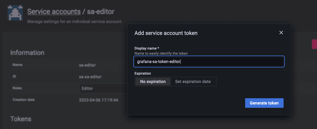 Grafana service accounts token generation