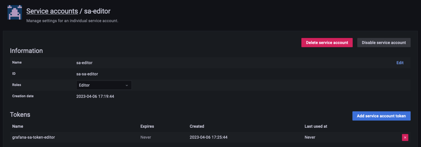 Grafana service accounts token list