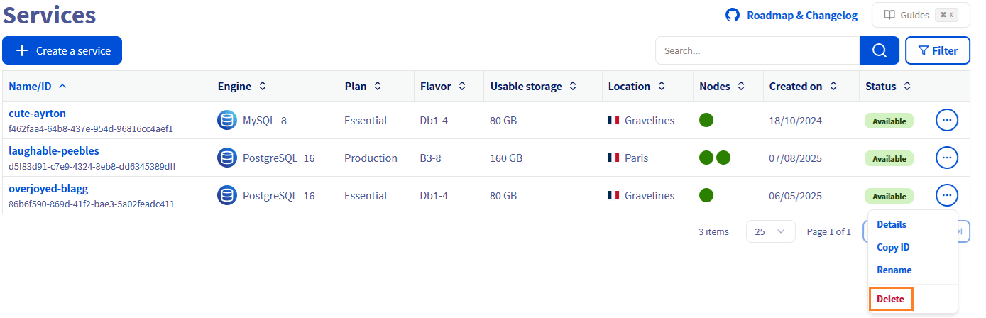 databases - delete the gen 2 service