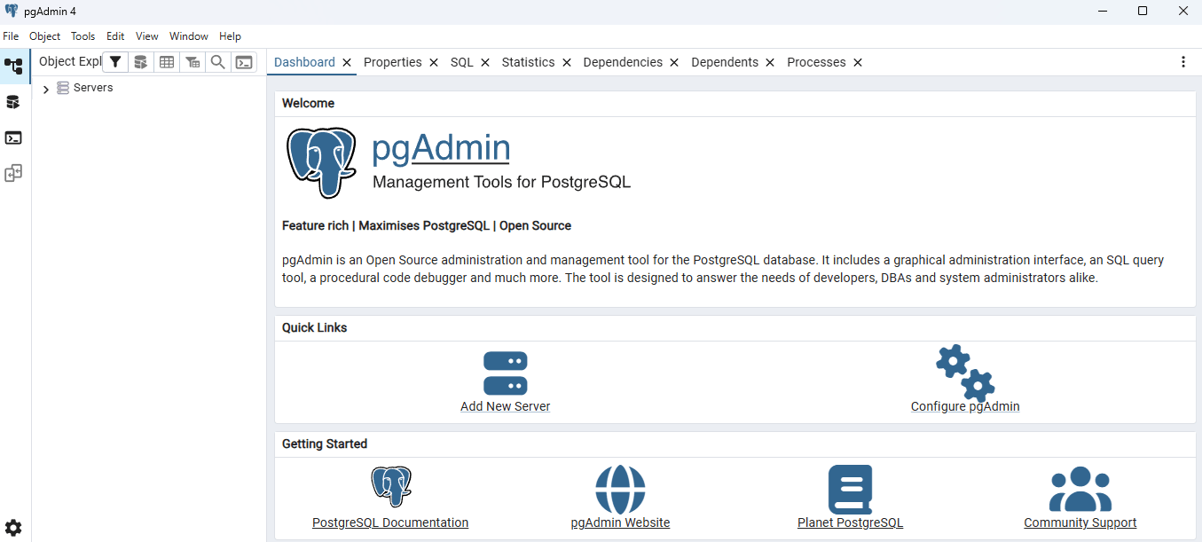 pgAdmin Dashboard view not connected